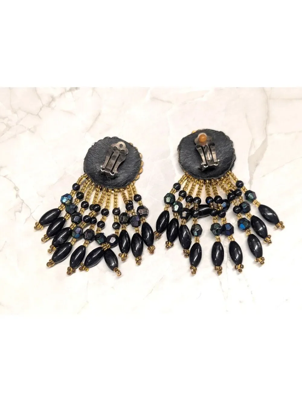 Unknown Clip-On Earrings 2 Inch Length Black Gold Beaded Sequin Detailed Retro A